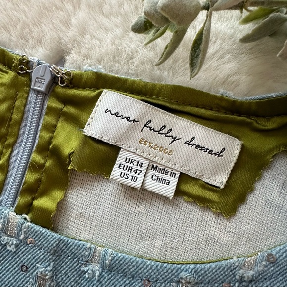 Never Fully Dressed | NWOT - Minnie Distressed Sequin Denim Dress - Size 10 - Picture 7 of 13